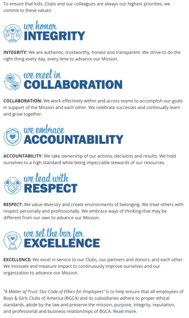 Boys and Girls Club of America Values